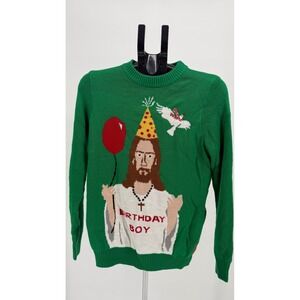 Tipsy Elves Jesus Birthday Boy Ugly Christmas Sweater Green Small Funny Holiday‎
